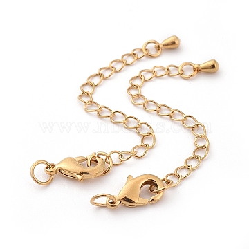 Long-Lasting Plated Brass Chain Extender, with Lobster Claw Clasps and Bead Tips, Real 24K Gold Plated, Clasps: 12x7x3mm, Hole: 3.5mm, Extend Chain: 65mm, ring: 5x1mm(X-KK-F711-09G)