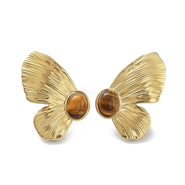 201 Natural Stainless Steel Butterfly with Natural Tiger Eye Stud Earrings(EJEW-D084-08G)-3