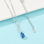 925 Sterling Silver Sapphire Rhinestone Teardrop Pendant Necklace for Women, Silver, 15.71 inch(39.9cm)(NJEW-V013-01P)