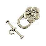 Tibetan Style Flower Toggle Clasps, Cadmium Free & Nickel Free & Lead Free, Antique Silver, Flower: 22x14x6mm, Hole: 2mm, Bar: 20x7x3mm, Hole: 2mm, about 340sets/1000g(TIBE-2119-AS-NR)