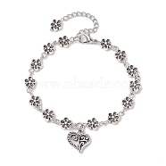 Tibetan Style Alloy Charm Bracelets, with Flower Link Chains, Heart, 7-1/4 inch(18.5cm), Heart: 14x13.5mm(BJEW-JB10096-01)