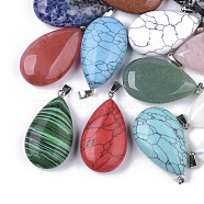 Natural & Synthetic Mixed Gemstone Pendants, with Iron Loop and Brass Snap On Bails, Teardrop, Platinum, 43.5~46.5x25x12~13mm, Hole: 3.5x7mm(G-T128-01)