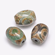 Tibetan Style 3-Eye dZi Beads, Natural Agate Beads, Dyed & Heated, Barrel, Three Eyes, Dark Olive Green, 15~17x12~13mm, Hole: 2.5~3mm(TDZI-G009-B42)