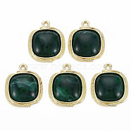 Light Gold Plated Alloy Pendants, with Resin, Cadmium Free & Nickel Free & Lead Free, Square, Dark Green, 22.5x19x6mm, Hole: 2mm(PALLOY-N154-29C-NR)