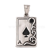 304 Stainless Steel Pendants, with Rhinestone, Playing Card, Ace of Spades Charm, Antique Silver, 35x20.5x3.5mm, Hole: 9x4.5mm(STAS-K283-30AS)