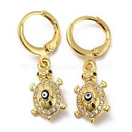 Real 18K Gold Plated Brass Dangle Leverback Earrings, with Enamel and Cubic Zirconia, Tortoise with Evil Eye, Black, 30x9.5mm(EJEW-A033-25G-01)