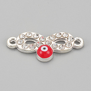 Alloy Rhinestone Links connectors, Cadmium Free & Lead Free, Infinity with Evil Eye, Red, Silver Color Plated, 22.5x9.5x2.5mm, Hole: 1mm(ALRI-S170-32S)