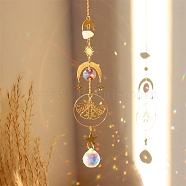 Natural Rose Quartz Brass Moon & Star Hanging Ornaments, Teardrop Glass Tassel Suncatchers for Home Outdoor Decoration, Butterfly, 380mm(PW-WG80899-06)