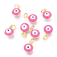 Brass Enamel Charms, Real 18K Gold Plated, Long-Lasting Plated, with Jump Ring, Evil Eye, Hot Pink, 9.5x6.5x4.5mm, Hole: 2.5mm(KK-B024-02G-B)