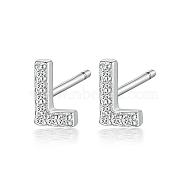 Rhodium Plated 925 Sterling Silver Initial Letter Stud Earrings, with Cubic Zirconia, Platinum, Letter L, 5x5mm(HI8885-12)