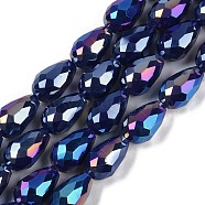 Opaque Solid Color Electroplate Glass Beads Strands, AB Color Plated, Faceted, Teardrop, Midnight Blue, 8x6mm, Hole: 1.2mm, about 65~67pcs/strand, 20.08 inch(51cm)(EGLA-N013-P6mm-B03)