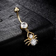 Piercing Jewelry, Brass Cubic Zirconia Navel Ring, Belly Rings, with Surgical Stainless Steel Bar, Cadmium Free & Lead Free, Real 18K Gold Plated, Spider, Clear, 38x16mm, Bar: 15 Gauge(1.5mm), Bar Length: 3/8"(10mm)(AJEW-EE0003-04A)
