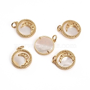 Brass Micro Pave Clear Cubic Zirconia Pendants, with Shell and Jump Rings, Flat Round with Moon, Golden, 17.5x15.5x2.5mm, Hole: 3.5mm(ZIRC-L091-017G)