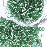 Grade A Glass Seed Beads, Hexagon(Two Cut), Silver Lined, Sea Green, 1.5~2.5x1.5~2mm, Hole: 0.8mm, about 2100pcs/bag, 450g/bag(SEED-S022-04A-18)