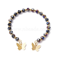 Glass Round Beaded Cuff Bangles, with Golden Brass Butterfly Charms, Black, Inner Diameter: 2-1/8 inch(5.5cm)(BJEW-JB09964-04)