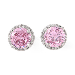 Rack Plating Brass Micro Pave Cubic Zirconia Earrings, Long-lasting Plated, Carat Round Shape, Pink, 10mm(EJEW-I304-09P-07)