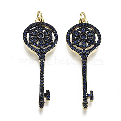 Brass Micro Pave Cubic Zirconia Pendants, with Jump Ring, Key, Real 16K Gold Plated, Nickel Free, Dark Blue, 44x15x3mm, Jump Ring: 5x1mm, 3mm inner diameter(KK-N227-45-NF)