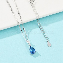 925 Sterling Silver Sapphire Rhinestone Teardrop Pendant Necklace for Women, Silver, 15.71 inch(39.9cm)(NJEW-V013-01P)