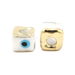 Brass Enamel Beads, Long-Lasting Plated, Real 18K Gold Plated, Square with Evil Eye Pattern, White, 10~12x10~12x8~9mm, Hole: 4~4.5mm(KK-F842-01A)