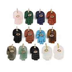 Natural & Synthetic Gemstone Carved Pendants, Religion Hamsa Hand Charms, with Brass Micro Pave Cubic Zirconia Findings, Golden, Mixed Dyed and Undyed, 27x17x8.5mm, Hole: 4x5mm(GG-CBA5963-01-NH)
