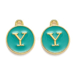 Golden Plated Alloy Enamel Charms, Enamelled Sequins, Flat Round with Alphabet, Letter.Y, Green, 14x12x2mm, Hole: 1.5mm(ENAM-Q437-15Y)