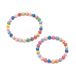 2Pcs 2 Size Natural Wood Round Beaded Stretch Bracelets Set for Kid and Parent, Colorful, Inner Diameter: 1-7/8~2-1/4 inch(4.7~5.7cm), 1Pc/size(BJEW-JB08568)