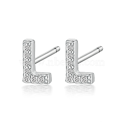 Anti-Tarnish Rhodium Plated 925 Sterling Silver Initial Letter Stud Earrings, with Cubic Zirconia, Platinum, Letter L, 5x5mm(HI8885-12)