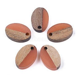 Resin & Walnut Wood Pendants, Oval, Coral, 15.5x10.5x3~3.5mm, Hole: 1.8mm(RESI-S358-30G)