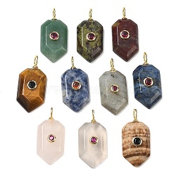 Natural Mixed Stone Pendants, with Brass Micro Pave Cubic Zirconia, Hexagon Charm, Faceted, Rack Plating, Long-Lasting Plated, Lead Free & Cadmium Free, Golden, 32x15x6.5mm, Hole: 4mm(KK-CBAF9BC-20G)