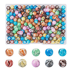 200Pcs 10 Colors Painted Glass Beads Strands, Wood Pattern, Round, Mixed Color, 8x7.5~8.5mm, Hole: 1.4mm, 20pcs/color(GLAA-SW0001-03)