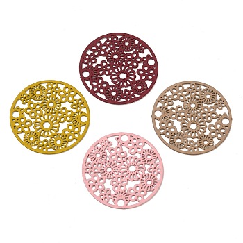 430 Stainless Steel Connector Charms, Etched Metal Embellishments, Flat Round with Flower Links, Mixed Color, 20x0.5mm, Hole: 1.8mm