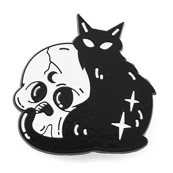 Cartoon Cat & Skull Enamel Pins, Black Zinc Alloy Badge, Black, 29x29x1mm