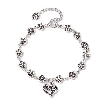 Tibetan Style Alloy Charm Bracelets, with Flower Link Chains, Heart, 7-1/4 inch(18.5cm), Heart: 14x13.5mm