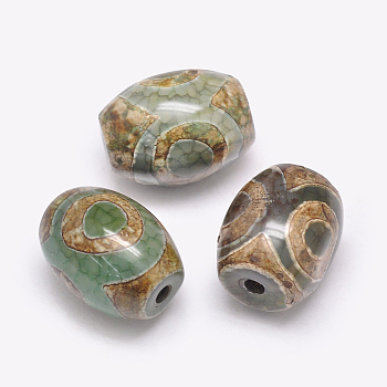 Tibetan Style 3-Eye dZi Beads, Natural Agate Beads, Dyed & Heated, Barrel, Three Eyes, Dark Olive Green, 15~17x12~13mm, Hole: 2.5~3mm