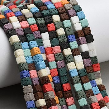 Synthetic Lava Rock Beads Strands, Dyed, Cube, Mixed Color, 4.5x4.5x4.5mm, Hole: 0.8mm, about 86~87pcs/strand, 14.80~14.96''(37.6~38cm)