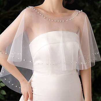 Lady Tulle Collars, Bridal Shawl, with Imitation Pearl & Rhinestone, White, 490x400x5mm