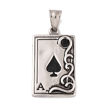 304 Stainless Steel Pendants, with Rhinestone, Playing Card, Ace of Spades Charm, Antique Silver, 35x20.5x3.5mm, Hole: 9x4.5mm