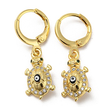Real 18K Gold Plated Brass Dangle Leverback Earrings, with Enamel and Cubic Zirconia, Tortoise with Evil Eye, Black, 30x9.5mm