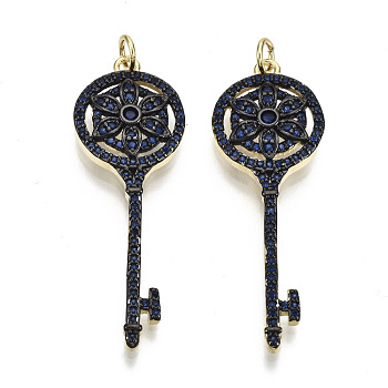 Brass Micro Pave Cubic Zirconia Pendants, with Jump Ring, Key, Real 16K Gold Plated, Nickel Free, Dark Blue, 44x15x3mm, Jump Ring: 5x1mm, 3mm inner diameter