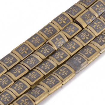 Electroplate Non-magnetic Synthetic Hematite Beads Strands, Matte Style, Rectangle with Fleur De Lis, Golden Plated, 6x5x3mm, Hole: 1mm, about 70pcs/strand, 15.7 inch