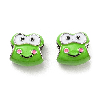 Brass Enamel European Beads, Large Hole Beads, Lead Free & Cadmium Free, Long-Lasting Plated, Platinum, Frog, Green, 12x12.5x9mm, Hole: 4.5mm