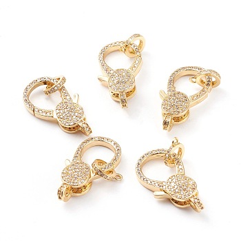 Brass Micro Pave Clear Cubic Zirconia Lobster Claw Clasp, Long-Lasting Plated, Real 18K Gold Plated, 26x13x5.5mm, Hole: 2mm