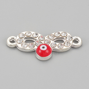 Alloy Rhinestone Links connectors, Cadmium Free & Lead Free, Infinity with Evil Eye, Red, Silver Color Plated, 22.5x9.5x2.5mm, Hole: 1mm