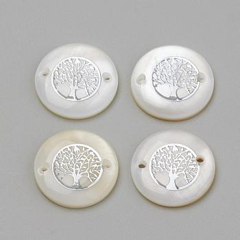 Freshwater Shell Links connectors, Flat Round & Tree, Platinum, 16x4mm, Hole: 1.1~1.5mm