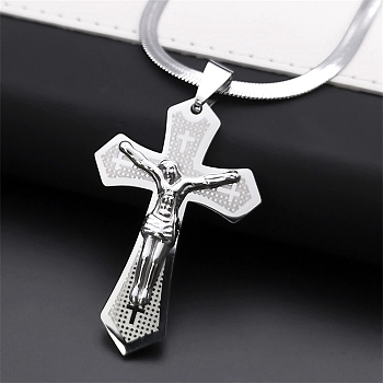 304 Stainless Steel Cross with Jesus Pendant Necklaces, Snake Chains Necklaces for Women, Stainless Steel Color, 16.57~16.73 inch(42.1~42.5cm)