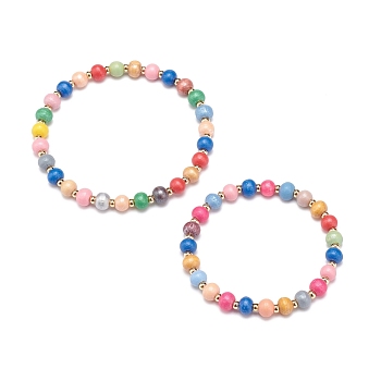 2Pcs 2 Size Natural Wood Round Beaded Stretch Bracelets Set for Kid and Parent, Colorful, Inner Diameter: 1-7/8~2-1/4 inch(4.7~5.7cm), 1Pc/size