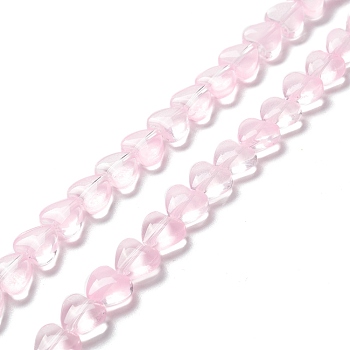 Transparent Glass Beads Strand, Heart, Pink, 7.5~8.5x8~8.5x4~4.5mm, Hole: 1mm, about 44~45pcs/strand, 12.56~12.87 inch(31.9~32.7cm)