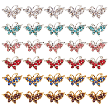 30Pcs 6 Colors Alloy Rhinestone Cabochons, Butterfly, Golden, Mixed Color, 8.5x12.5x2.5mm, 5pcs/colors