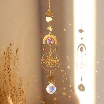 Natural Rose Quartz Brass Moon & Star Hanging Ornaments, Teardrop Glass Tassel Suncatchers for Home Outdoor Decoration, Butterfly, 380mm