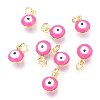 Brass Enamel Charms, Real 18K Gold Plated, Long-Lasting Plated, with Jump Ring, Evil Eye, Hot Pink, 9.5x6.5x4.5mm, Hole: 2.5mm